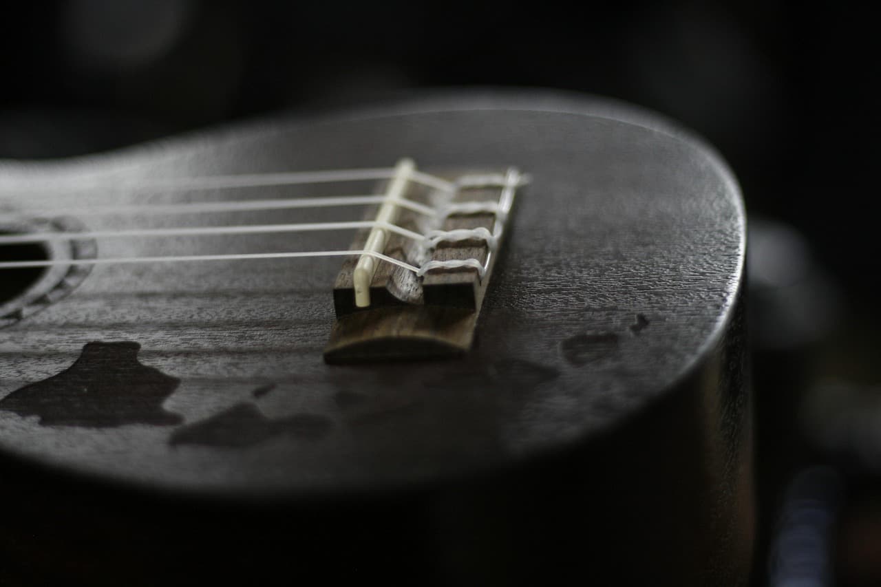 Close do cavalete e cordas de um cavaquinho